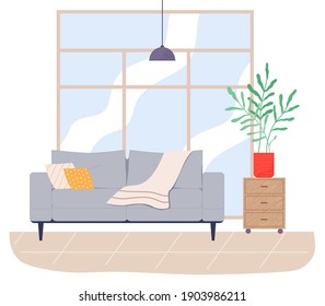 Living room furniture design, comfort home interior. Contemporary furniture for living room or apartment. Sofa with pillows and plaid, plant in red pot at the window. Modern sofa place to relax