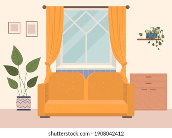 Living room furniture design, comfort home interior elements. Contemporary furniture for living room or apartment. Yellow sofa, potted plant at the window with curtains. Modern sofa place to relax