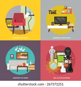 Living room furniture design concept set with modern home interior elements isolated vector illustration