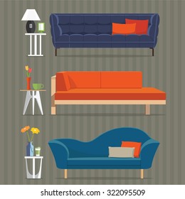 Living room furniture design concept set with modern home interior elements isolated vector illustration