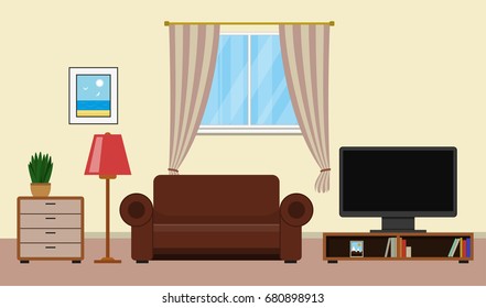 Living room with furniture design. House interior in flat style. Vector illustration.