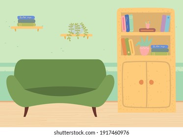 Living room furniture design, modern home interior elements. Contemporary furniture for living room or home office. Comfortable sofa, bookcase and potted plant on the wall. Modern sofa place to relax