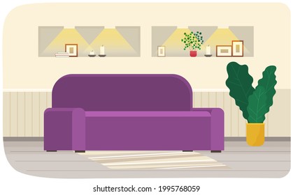 Living room furniture design, modern home interior elements. Contemporary furniture for living room or home office. Sofa with pillows. Modern sofa place to relax
