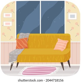 Living room furniture design, modern home interior elements. Contemporary furniture for living room or home office. Sofa with pillows. Modern sofa place to relax
