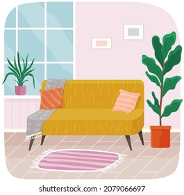 Living room furniture design, modern home interior elements. Contemporary furniture for living room or home office. Sofa with pillows, carpet and potted plant at window. Modern sofa place to relax