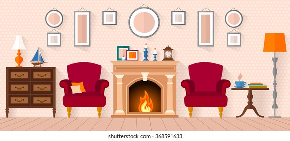 living room with furniture and a fireplace. Flat style vector illustration.