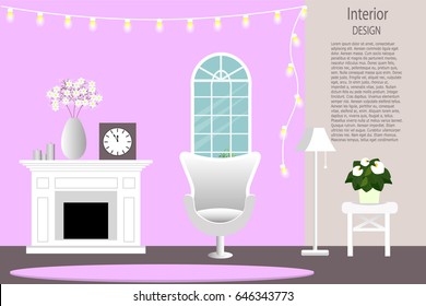 living room with furniture and a fireplace. Flat style vector illustration.