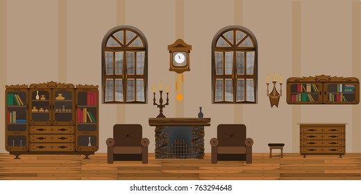 a living room with furniture, a fireplace and windows in the old style.