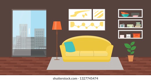 Living room with furniture. Flat style vector interior illustration . Sofa, pillow,  lamp, pictures, balcony, flower, shelf. Daylight apartments . Hotel suite with city views. Upstairs. Renting a home