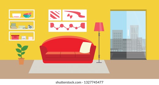 Living room with furniture. Flat style vector interior illustration . Sofa, pillow,  lamp, pictures, balcony, flower, shelf. Daylight apartments . Hotel suite with city views. Upstairs. Renting a home