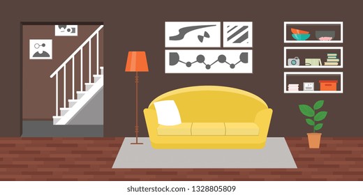 Living room with furniture. Flat style vector interior illustration . Sofa, pillow,  lamp, pictures on wall, flower, shelf. Daylight apartments . Hotel suite with city views. Upstairs. Renting a home