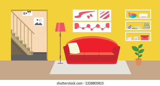 Living room with furniture. Flat style vector interior illustration . Sofa, pillow,  lamp, pictures on wall, flower, shelf. Daylight apartments . Hotel suite with city views. Upstairs. Renting a home