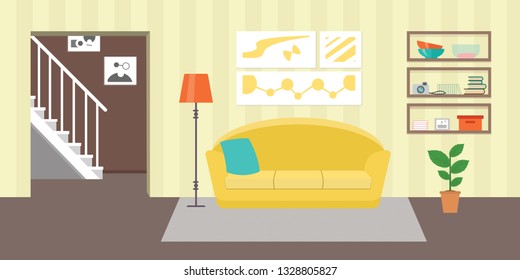 Living room with furniture. Flat style vector interior illustration . Sofa, pillow,  lamp, pictures on wall, flower, shelf. Daylight apartments . Hotel suite with city views. Upstairs. Renting a home