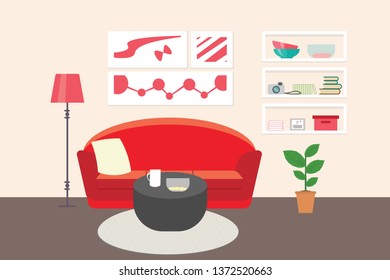 Living room with furniture. Flat style vector interior illustration . Sofa, pillow,  lamp, pictures on wall, flower, shelf. Daylight apartments . Hotel suite with city views. Upstairs. Renting a home