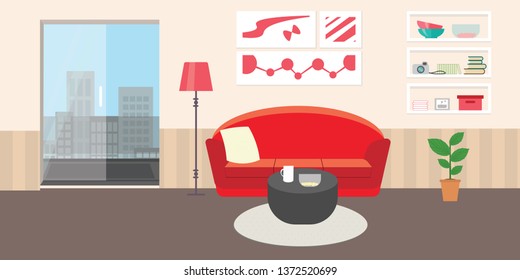 Living room with furniture. Flat style vector interior illustration . Sofa, pillow,  lamp, pictures on wall, flower, shelf. Daylight apartments . Hotel suite with city views. Upstairs. Renting a home