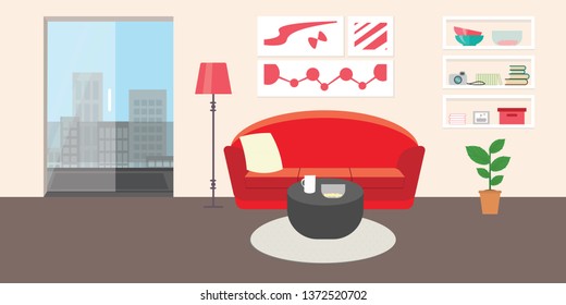 Living room with furniture. Flat style vector interior illustration . Sofa, pillow,  lamp, pictures on wall, flower, shelf. Daylight apartments . Hotel suite with city views. Upstairs. Renting a home