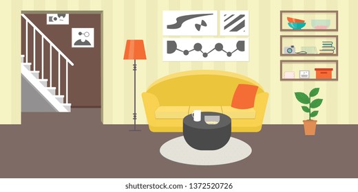 Living room with furniture. Flat style vector interior illustration . Sofa, pillow,  lamp, pictures on wall, flower, shelf. Daylight apartments . Hotel suite with city views. Upstairs. Renting a home