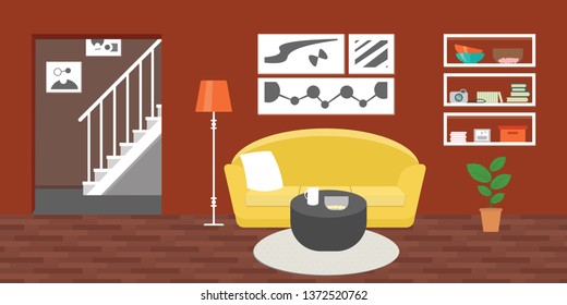Living room with furniture. Flat style vector interior illustration . Sofa, pillow,  lamp, pictures on wall, flower, shelf. Daylight apartments . Hotel suite with city views. Upstairs. Renting a home