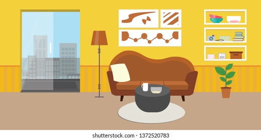 Living room with furniture. Flat style vector interior illustration . Sofa, pillow,  lamp, pictures on wall, flower, shelf. Daylight apartments . Hotel suite with city views. Upstairs. Renting a home