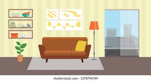 Living room with furniture. Flat style vector interior illustration . Sofa, pillow,  lamp, pictures on wall, flower, shelf. Daylight apartments . Hotel suite with city views. Upstairs. Renting a home