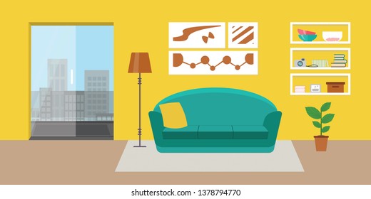 Living room with furniture. Flat style vector interior illustration . Sofa, pillow,  lamp, pictures on wall, flower, shelf. Daylight apartments . Hotel suite with city views. Upstairs. Renting a home