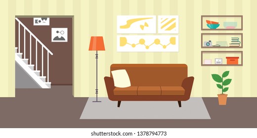 Living room with furniture. Flat style vector interior illustration . Sofa, pillow,  lamp, pictures on wall, flower, shelf. Daylight apartments . Hotel suite with city views. Upstairs. Renting a home