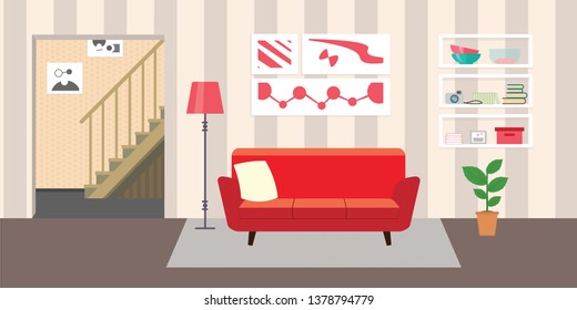 Living room with furniture. Flat style vector interior illustration . Sofa, pillow,  lamp, pictures on wall, flower, shelf. Daylight apartments . Hotel suite with city views. Upstairs. Renting a home