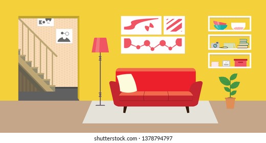 Living room with furniture. Flat style vector interior illustration . Sofa, pillow,  lamp, pictures on wall, flower, shelf. Daylight apartments . Hotel suite with city views. Upstairs. Renting a home