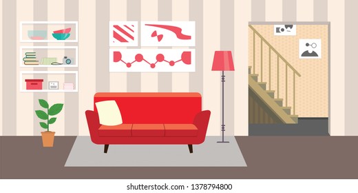 Living room with furniture. Flat style vector interior illustration . Sofa, pillow,  lamp, pictures on wall, flower, shelf. Daylight apartments . Hotel suite with city views. Upstairs. Renting a home