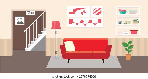 Living room with furniture. Flat style vector interior illustration . Sofa, pillow,  lamp, pictures on wall, flower, shelf. Daylight apartments . Hotel suite with city views. Upstairs. Renting a home