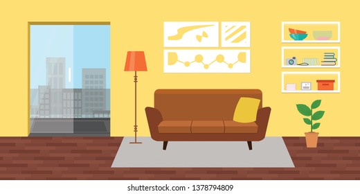 Living room with furniture. Flat style vector interior illustration . Sofa, pillow,  lamp, pictures on wall, flower, shelf. Daylight apartments . Hotel suite with city views. Upstairs. Renting a home