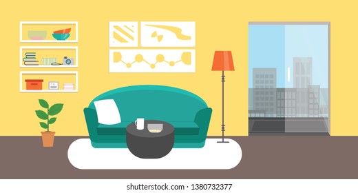 Living room with furniture. Flat style vector interior illustration . Sofa, pillow,  lamp, pictures on wall, flower, shelf. Daylight apartments . Hotel suite with city views. Upstairs. Renting a home