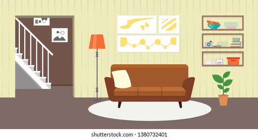 Living room with furniture. Flat style vector interior illustration . Sofa, pillow,  lamp, pictures on wall, flower, shelf. Daylight apartments . Hotel suite with city views. Upstairs. Renting a home