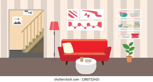 Living room with furniture. Flat style vector interior illustration . Sofa, pillow,  lamp, pictures on wall, flower, shelf. Daylight apartments . Hotel suite with city views. Upstairs. Renting a home