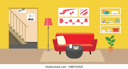 Living room with furniture. Flat style vector interior illustration . Sofa, pillow,  lamp, pictures on wall, flower, shelf. Daylight apartments . Hotel suite with city views. Upstairs. Renting a home