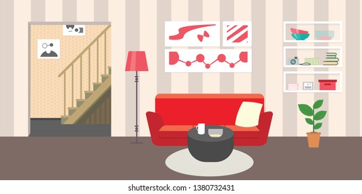 Living room with furniture. Flat style vector interior illustration . Sofa, pillow,  lamp, pictures on wall, flower, shelf. Daylight apartments . Hotel suite with city views. Upstairs. Renting a home