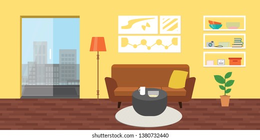 Living room with furniture. Flat style vector interior illustration . Sofa, pillow,  lamp, pictures on wall, flower, shelf. Daylight apartments . Hotel suite with city views. Upstairs. Renting a home