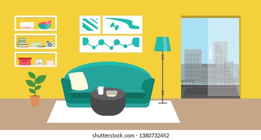 Living room with furniture. Flat style vector interior illustration . Sofa, pillow,  lamp, pictures on wall, flower, shelf. Daylight apartments . Hotel suite with city views. Upstairs. Renting a home