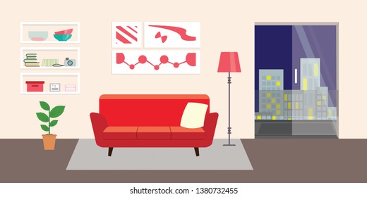 Living room with furniture. Flat style vector interior illustration . Sofa, pillow,  lamp, pictures on wall, flower, shelf. Daylight apartments . Hotel suite with city views. Upstairs. Renting a home