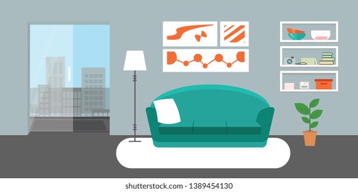 Living room with furniture. Flat style vector interior illustration . Sofa, pillow,  lamp, pictures on wall, flower, shelf. Daylight apartments . Hotel suite with city views. Upstairs. Renting a home