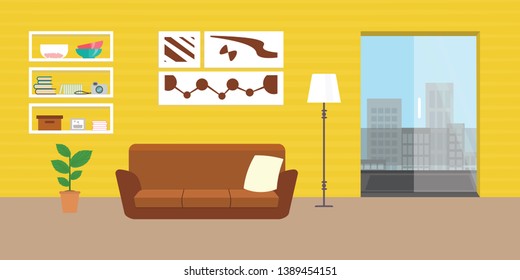 Living room with furniture. Flat style vector interior illustration . Sofa, pillow,  lamp, pictures on wall, flower, shelf. Daylight apartments . Hotel suite with city views. Upstairs. Renting a home