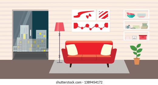 Living room with furniture. Flat style vector interior illustration . Sofa, pillow,  lamp, pictures on wall, flower, shelf. Hotel suite with city views. Upstairs. Renting a home