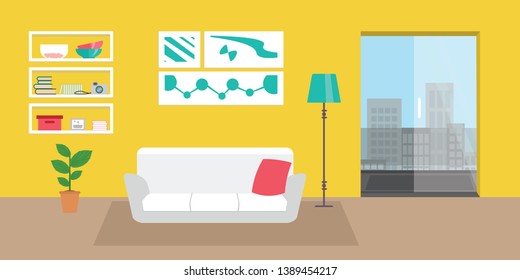 Living room with furniture. Flat style vector interior illustration . Sofa, pillow,  lamp, pictures on wall, flower, shelf. Daylight apartments . Hotel suite with city views. Upstairs. Renting a home