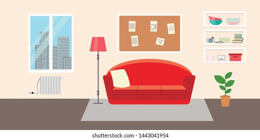 Living room with furniture. Flat style vector interior illustration . Sofa, pillow,  lamp, pictures on wall, flower, shelf. Daylight apartments . Hotel suite with city views. Upstairs. Renting a home