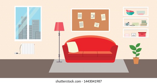 Living room with furniture. Flat style vector interior illustration . Sofa, pillow,  lamp, pictures on wall, flower, shelf. Daylight apartments . Hotel suite with city views. Upstairs. Renting a home