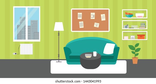 Living room with furniture. Flat style vector interior illustration . Sofa, pillow,  lamp, pictures on wall, flower, shelf. Daylight apartments . Hotel suite with city views. Upstairs. Renting a home