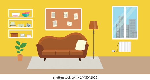 Living room with furniture. Flat style vector interior illustration . Sofa, pillow,  lamp, pictures on wall, flower, shelf. Daylight apartments . Hotel suite with city views. Upstairs. Renting a home