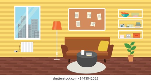 Living room with furniture. Flat style vector interior illustration . Sofa, pillow,  lamp, pictures on wall, flower, shelf. Daylight apartments . Hotel suite with city views. Upstairs. Renting a home