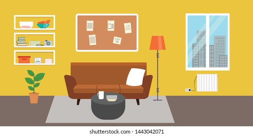 Living room with furniture. Flat style vector interior illustration . Sofa, pillow,  lamp, pictures on wall, flower, shelf. Daylight apartments . Hotel suite with city views. Upstairs. Renting a home