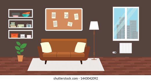 Living room with furniture. Flat style vector interior illustration . Sofa, pillow,  lamp, pictures on wall, flower, shelf. Daylight apartments . Hotel suite with city views. Upstairs. Renting a home